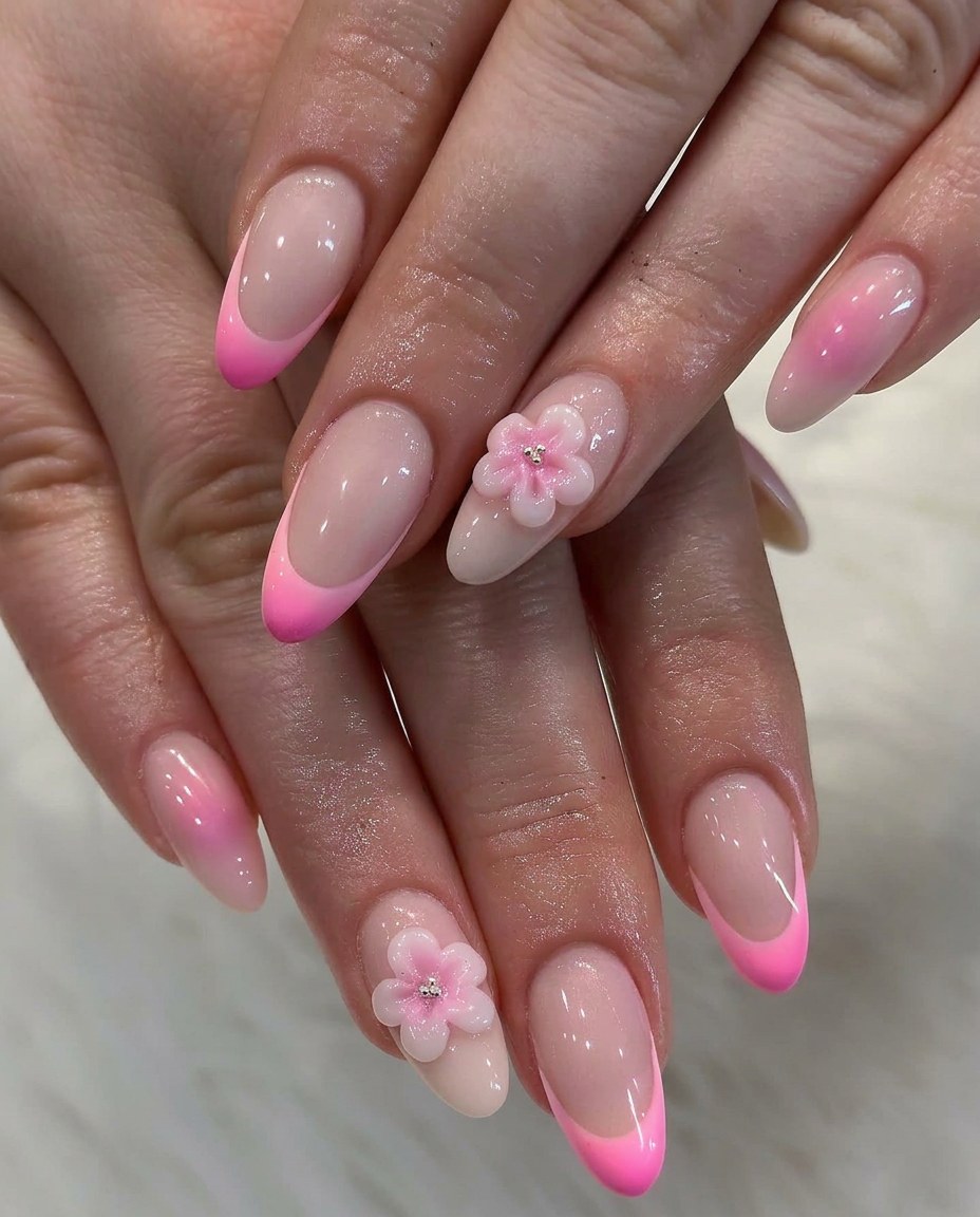Lumi pink French tips with sculpted flower accents